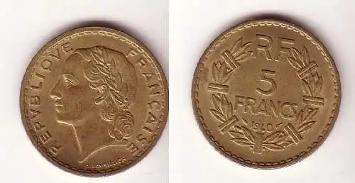 5 Franc Messing Münze Frankreich 1940