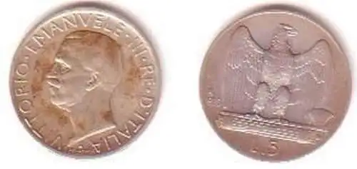 5 Lire Silber Münze Italien 1929 R