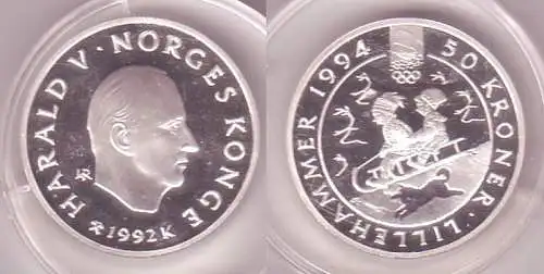 50 Kronen Silber Münze Norwegen Olympiade Lillehammer 1992