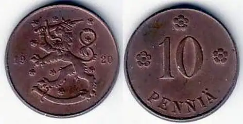 10 Penniä Kupfer Münze Finnland 1920