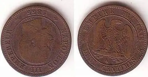 2 Centimes Kupfer Münze Frankreich 1855