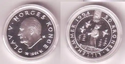 50 Kronen Silber Münze Norwegen Olympiade Lillehammer 1991