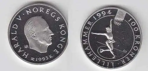 100 Kroner Silber Münze Norwegen Olympia 1993 PP