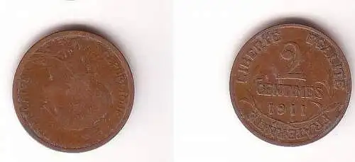 2 Centimes Kupfer Münze Frankreich 1911