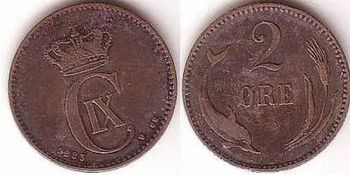 2 Öre Kupfer Münze Dänemark 1883