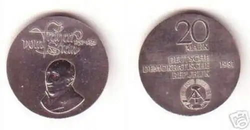 DDR Gedenk Münze 20 Mark Freiherr vom Stein 1981 Stempelglanz