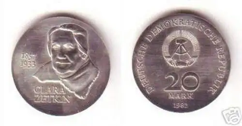 DDR Gedenk Münze 20 Mark Clara Zetkin 1982 Stempelglanz