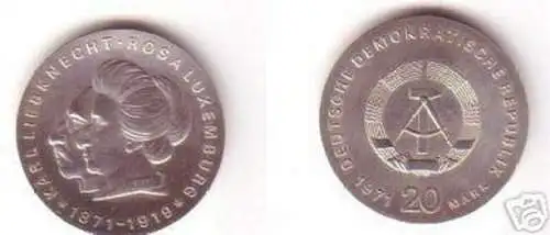 DDR Gedenk Münze 20 Mark Liebknecht Luxemburg 1971 Silber Stempelglanz