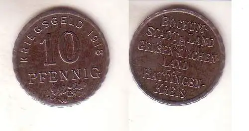 10 Pfennig Eisen Not Münze Bochum Gelsenkirchen Hattingen 1918