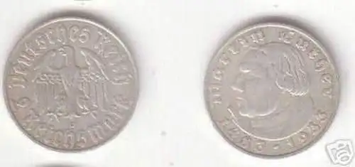 2 Mark Silber Münze Martin Luther 1933 D