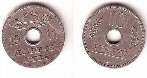 10 Heller Nickel Loch Münze Deutsch Ost Afrika 1911 A