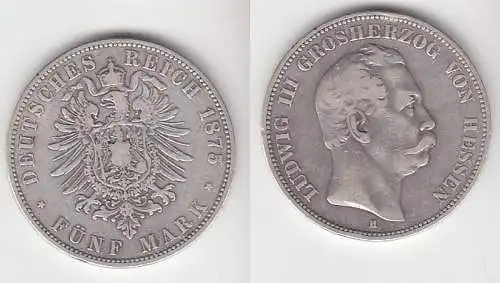 5 Mark Silbermünze Hessen Großherzog Ludwig III 1875 Jäger 67 (111403)