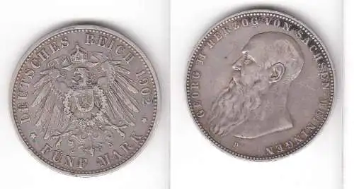 5 Mark Silbermünze Sachsen Meiningen Herzog Georg II 1902 Jäger 153 b (110029)