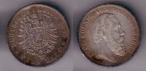 5 Mark Silber Münze Karl König von Württemberg 1876