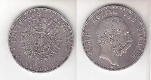 5 Mark Silbermünze Sachsen König Albert 1875 Jäger 125 (111299)