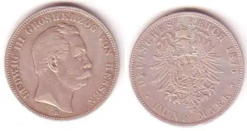 5 Mark Silber Münze Hessen Großherzog Ludwig III 1876 (MU1081)