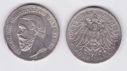 5 Mark Silbermünze Baden Großherzog Friedrich 1901 Jäger 29 ss+ (150303)