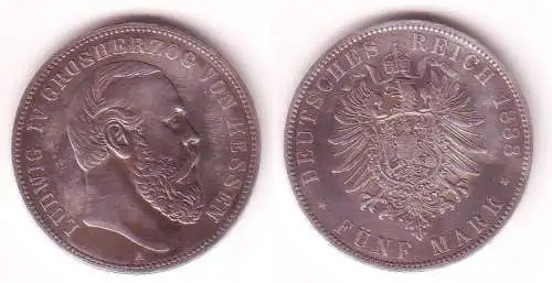 5 Mark Silber Münze Hessen Großherzog Ludwig IV 1888 A vz (102684)