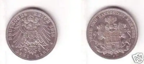 3 Mark Silber Münze Freie und Hansestadt Hamburg 1913 J