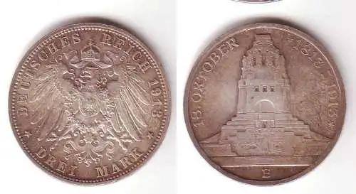 3 Mark Silbermünze Sachsen Völkerschlachtdenkmal 1913 (109534)