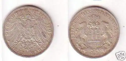 3 Mark Silber Münze Freie und Hansestadt Hamburg 1909 J