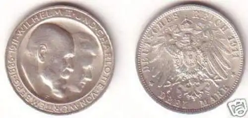 3 Mark Silber Münze Württemberg Silberhochzeit 1911