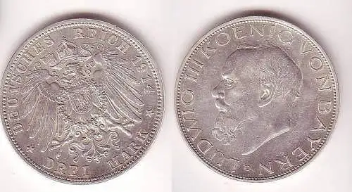 3 Mark Silber Münze Bayern König Ludwig III 1914