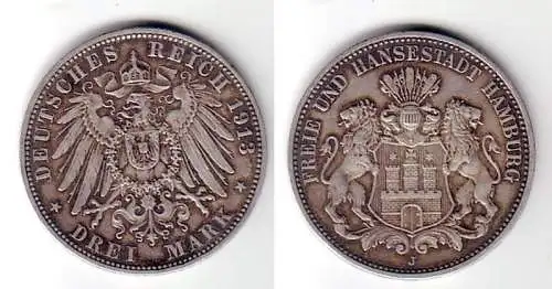 3 Mark Silber Münze Hansestadt Hamburg 1913