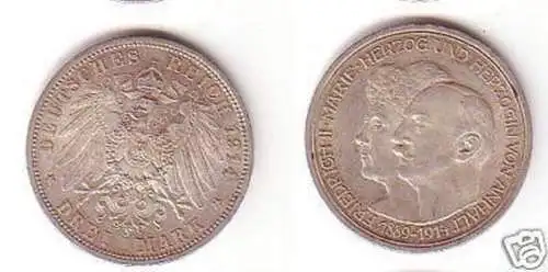 Anhalt 3 Mark Silber Münze Silberhochzeit 1914 ss+