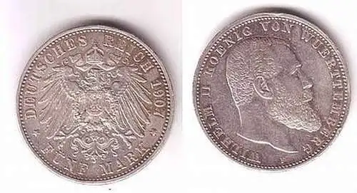 5 Mark Silber Münze Wilhelm König von Württemberg 1907