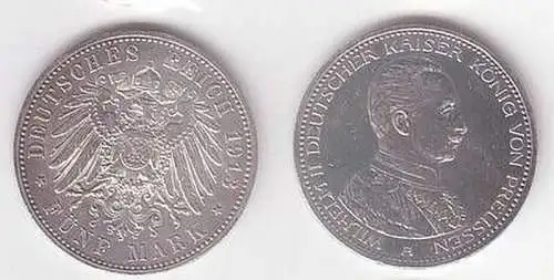 5 Mark Silbermünze Preussen Kaiser Wilhelm II 1913 A in Uniform