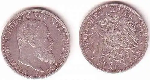 5 Mark Silber Münze Württemberg König Wilhelm II 1895