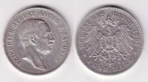 5 Mark Silber Münze Sachsen König Friedrich August 1907