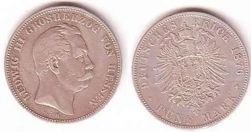 5 Mark Silber Münze Hessen Großherzog Ludwig III 1876