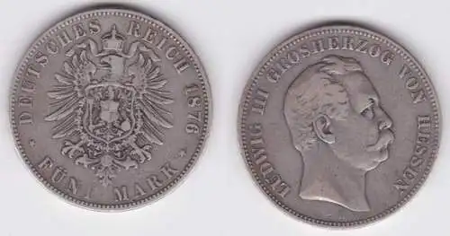 5 Mark Silber Münze Hessen Großherzog Ludwig III 1876 (141826)