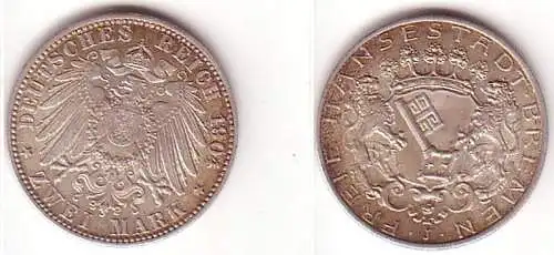 2 Mark Silber Münze Freie Stadt Bremen 1904 vz (MU1465)