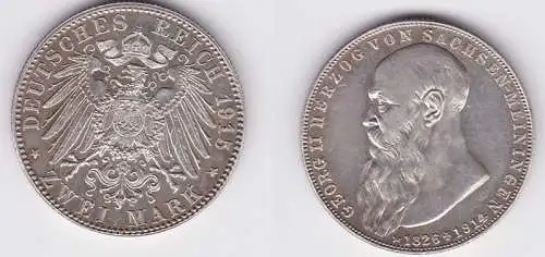 2 Mark Silber Münze 1915 Georg II Herzog von Sachsen Meiningen vz+ (150179)