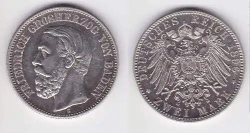 2 Mark Silbermünze Baden Großherzog Friedrich 1896 Jäger 28 vz+ (151027)