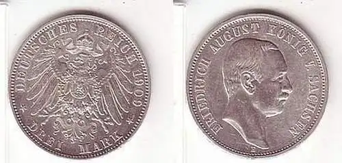 3 Mark Silber Münze Sachsen König Friedrich August 1909