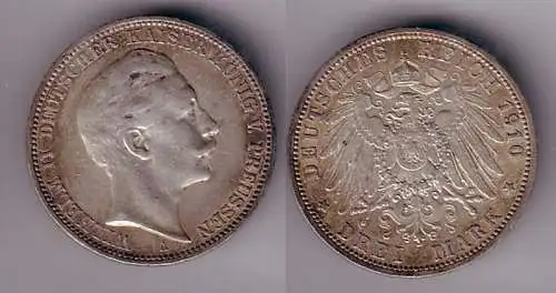 3 Mark Silber Münze Preussen Kaiser Wilhelm II 1910 A