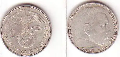 2 Mark Silber Münze 3. Reich Hindenburg 1936 J Jäger 366 (MU1389)