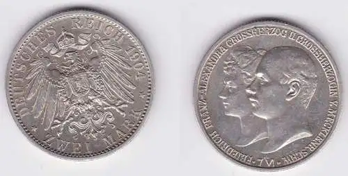 2 Mark Silber Münze Mecklenburg Schwerin Hochzeit 1904 Stgl. (150059)