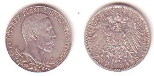 2 Mark Silber Münze 1905 Schwarzburg Sondershausen (BN9784)