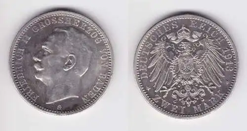 2 Mark Silber Münze Baden Großherzog Friedrich II 1913 vz (150626)