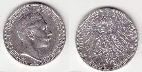 3 Mark Silber Münze Preussen Kaiser Wilhelm II 1910 A