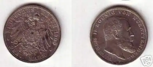 3 Mark Silber Münze Württemberg Wilhelm II 1909