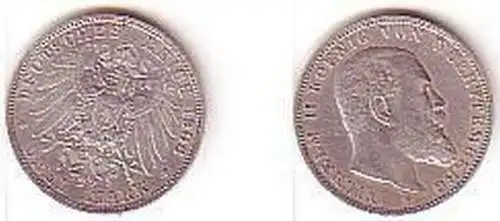 3 Mark Silber Münze Württemberg König Wilhelm II 1908