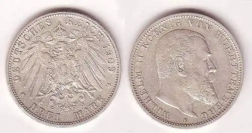 3 Mark Silber Münze Württemberg 1909 F