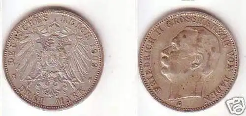 3 Mark Silber Münze Fr. II. Großherzog von Baden 1909 G