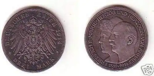 Anhalt 3 Mark Silber Münze Silberhochzeit 1914